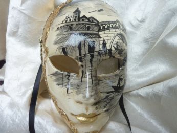 masque visage avec dessin fait main de Venise, couleur  blanc, dessin noir, feuille d'or