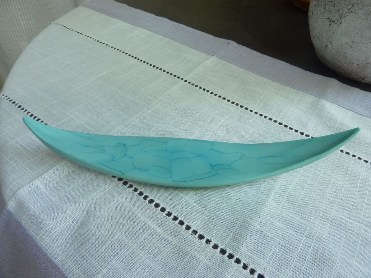 gondola, petite sculpture de gondole en verre de murano , maison Alfier, couleur turquoise, technique "fusing"
