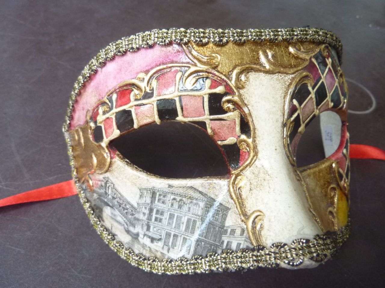 masque loup multicolore avec reproduction du pont de Rialto, , décoré à la main avec arabesques dorés