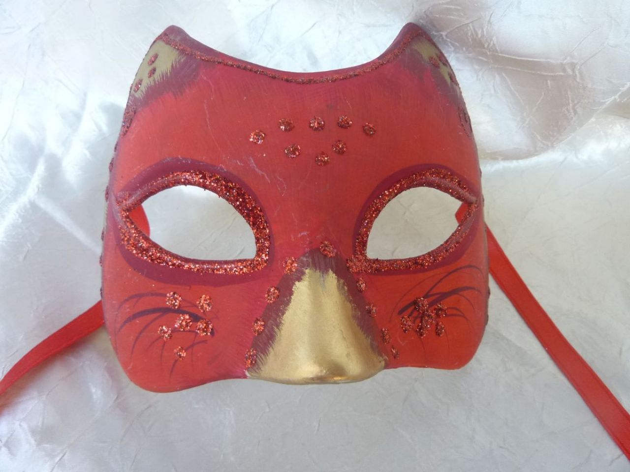petit masque de chat rouge et or, décoré à la main, pour enfant et adulte 