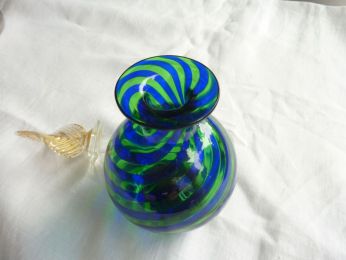 flacon à parfum en verre de murano soufflé, vert et bleu torsadés