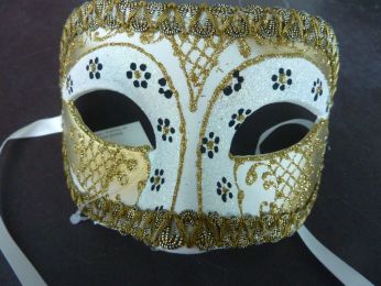 masque loup, couleur or et blanc , décoré à la main, beau gallon  doré au tour