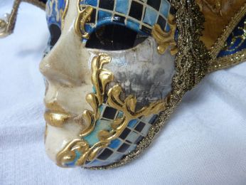 masque visage avec coiffe pour la décoration, petit visage (10 cm x 15 cm), décoration fait à la main bleu et feuille d'or, reproductions de tableaux de Venise