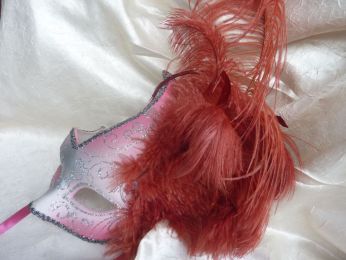 masque loup rose argent avec plumes d'autrouche rouge