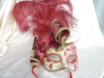 masque loup blanc et rouge avec coiffe en velours et plumes d'autrouche rouge